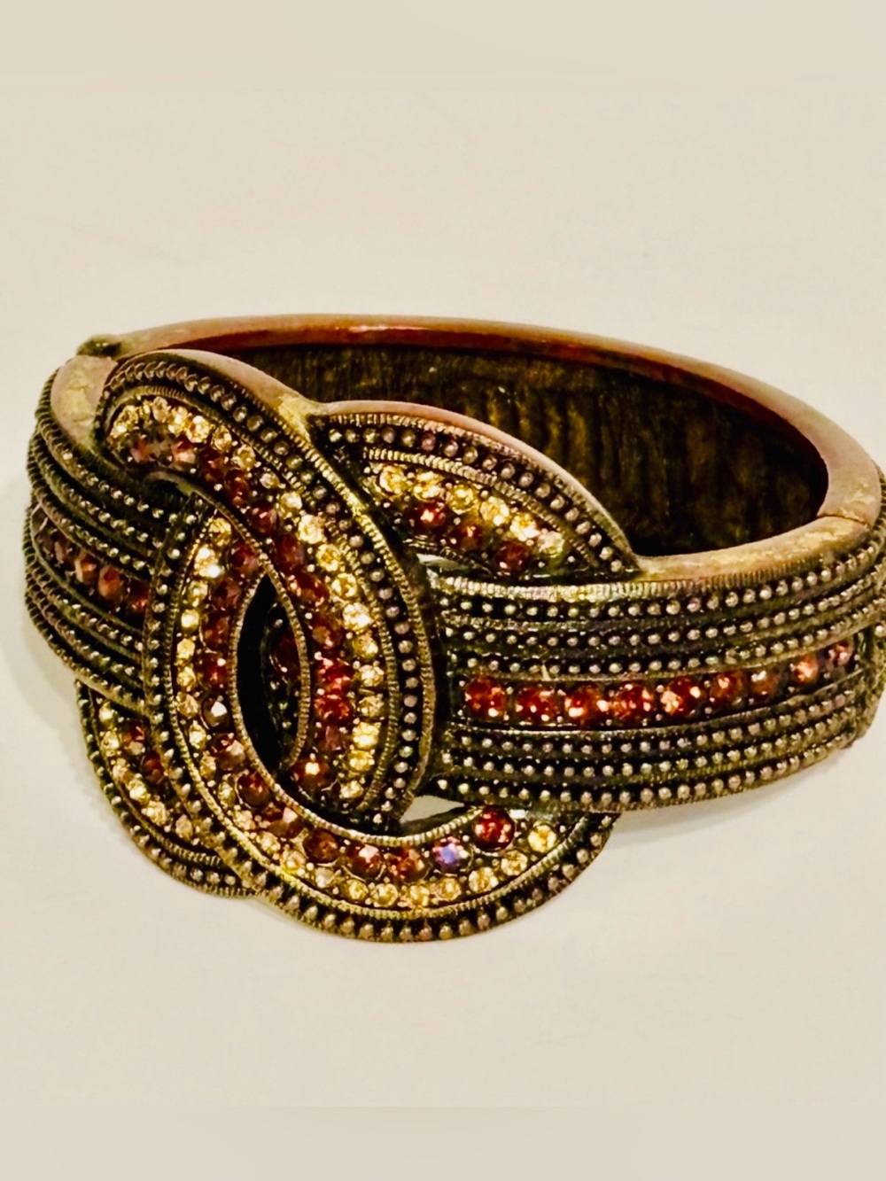 Rhinestone Statement Cuff Bracelet Bronze Amber  Crystal Wide
